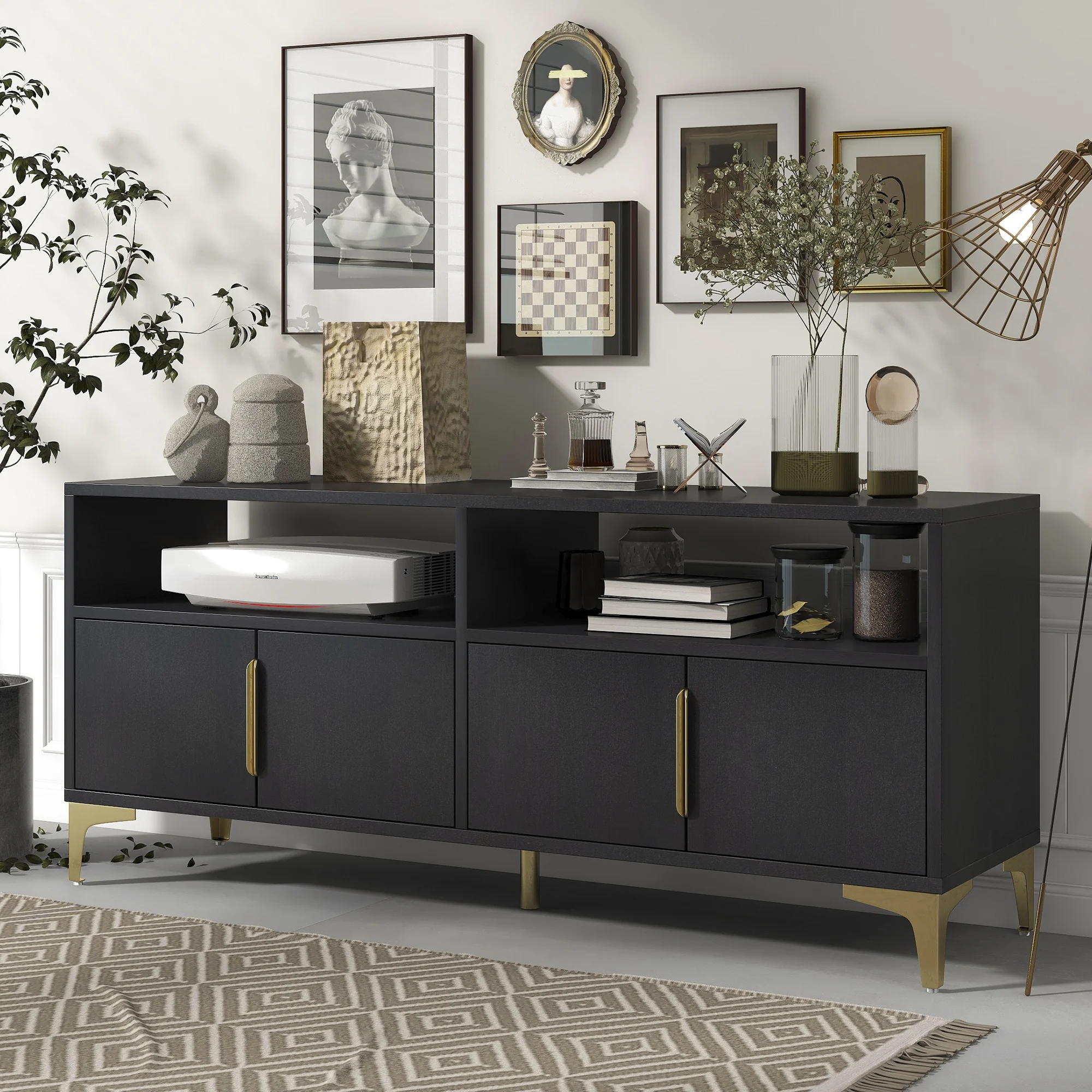 

58” L Sideboard with Gold Metal Legs and Handles Sufficient Storage Space Magnetic Suction Doors (Espresso)