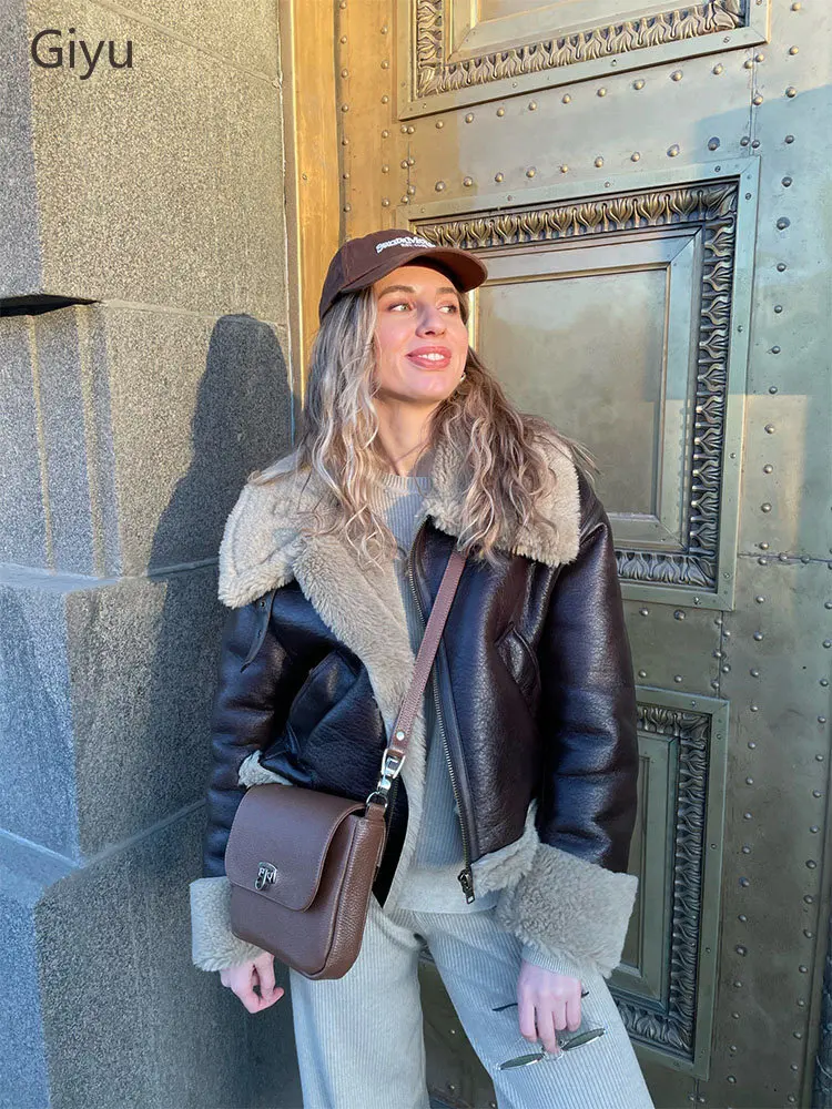 

Women Fleece Leather Jackets Loose Turn Down Collar Zippers Thick Coat 2022 Autumn Winter Vintage Ladies Warm Clothes Top