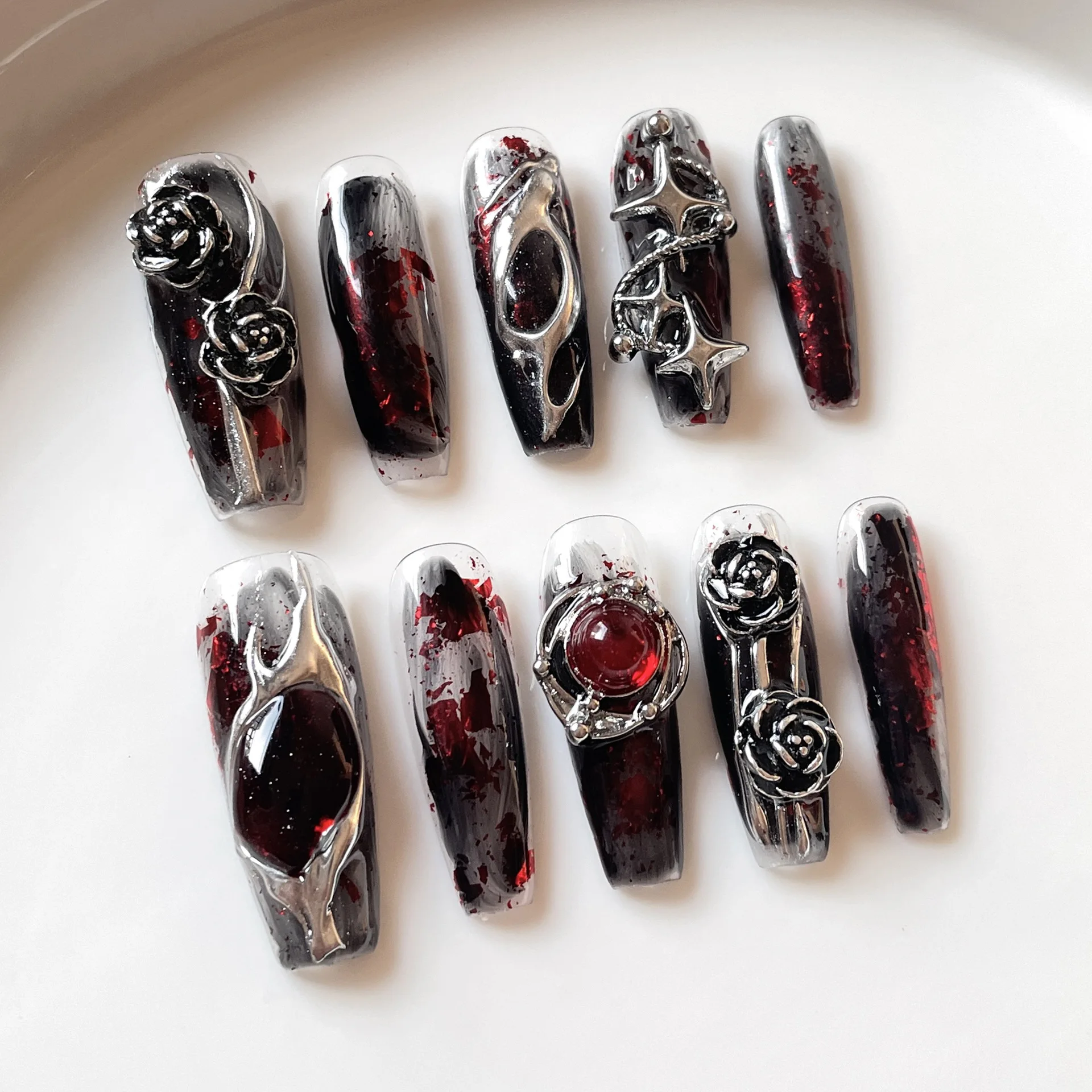 10 шт. накладные ногти ручной работы готический темно-красный декор в виде розы