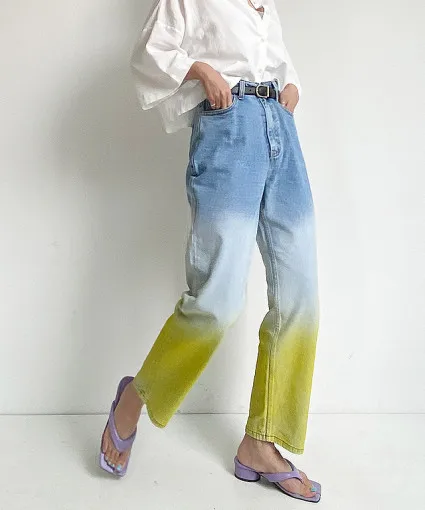 Top Quality gradiany color sexy Patchwork Flared Jeans  ladies Vintage long pants trousers