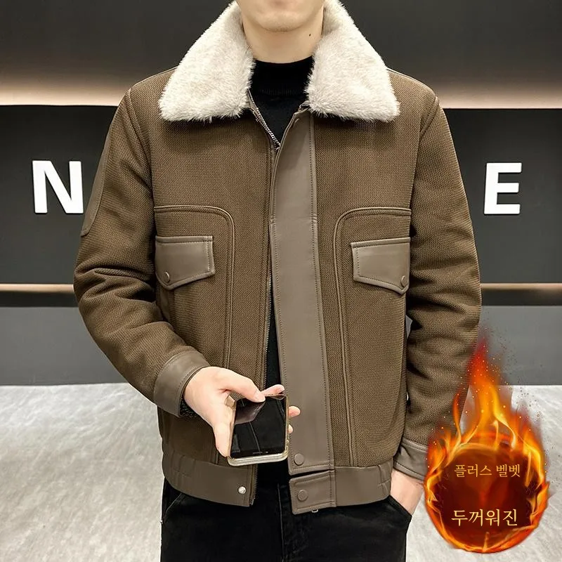 Мужское кожаное пальто молодежное зимнее модное на флисовой подкладке модная