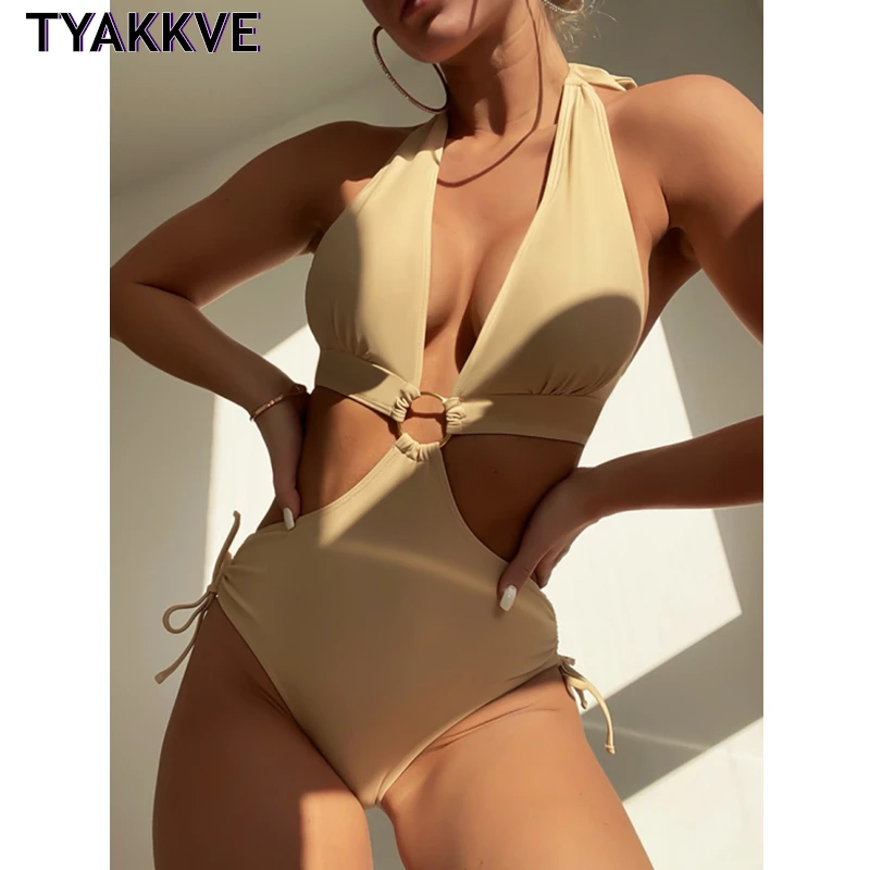 

2022 New Sexy V Neck One Piece Swimsuits Ring Linked Monokini Female Solid Cut Out Swimwear for Women Halter Bathing Suit Beach