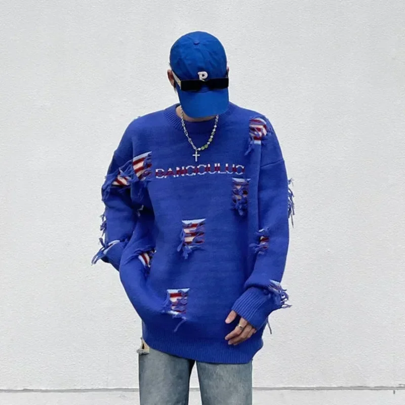 Мужская одежда пальто пуловеры вязаный свитер мужская куртка с дырками рваная