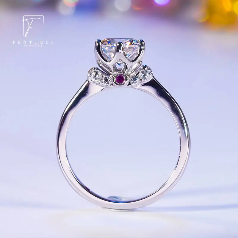 FENTTECI 925 Sterling Silver D Color Moissanite Rose Shape Red Diamond Ring True Love Wedding Proposal Ring for Women Jewelry
