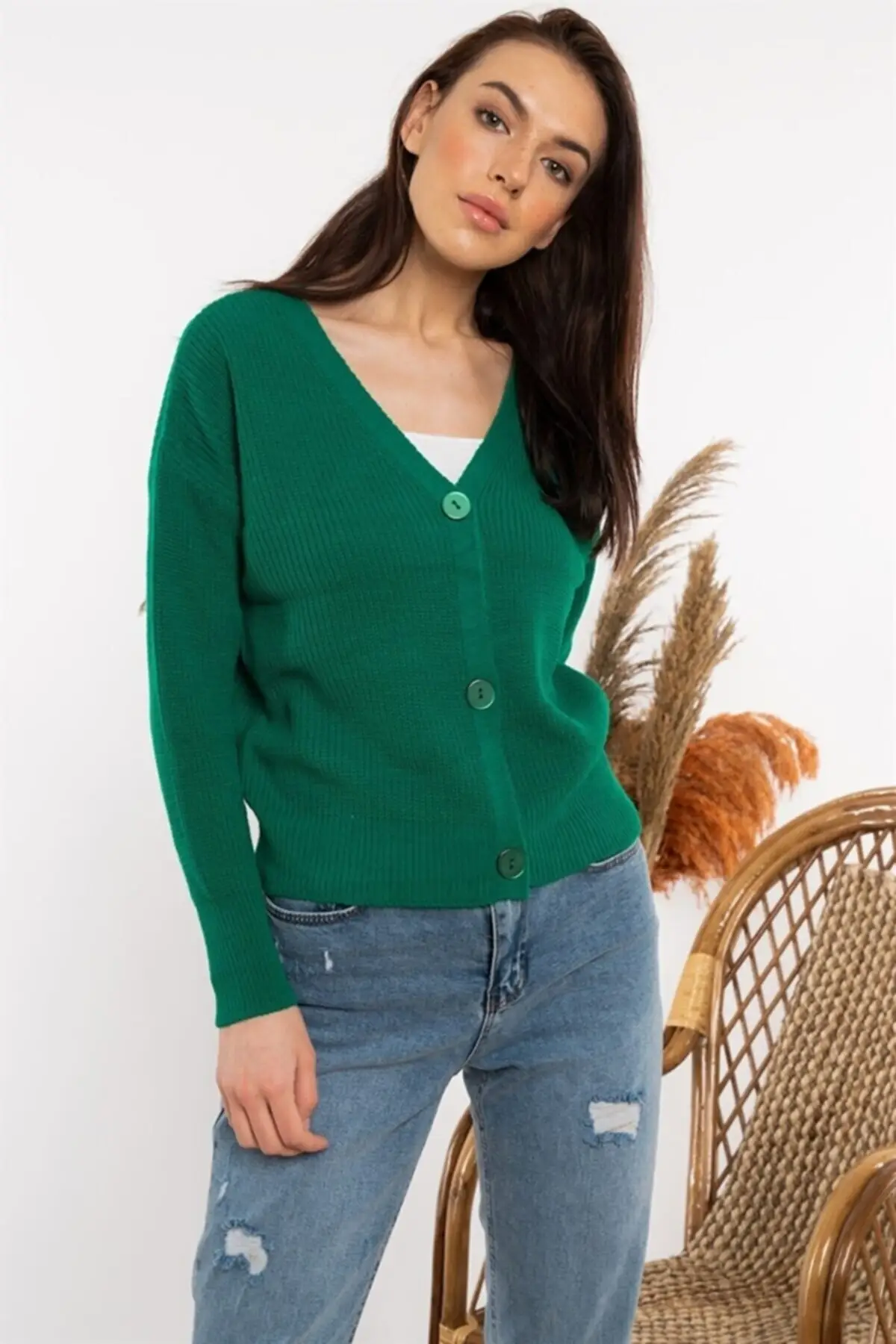

Women's Cardigan Green V-Neck Knitted Casual Knitted Quality Fashion Cardigan Sweaters Loose Sweater Jumper