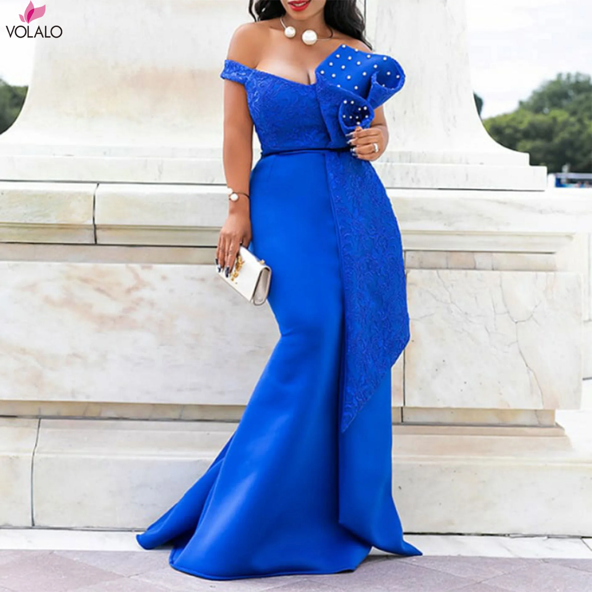 

VOLALO 2023 Winter Women Slash Neck Short Sleeve Pearl Dress Sexy Office Lady Africa Evening Night Club Party Long Maxi Dresses