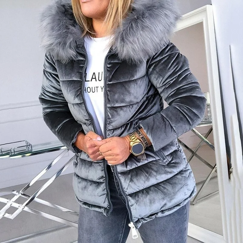 Winter Velvet Jacket Jacket Women's Cotton Padding Fashion Hooded Fur Collar Thick Warm Jacket Winter Snow Jacket Streetwear