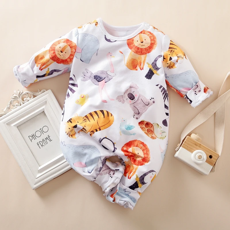 

Hibobi Baby Boy Girl Animal Pattern Long Sleeve Romper Lion Tiger Printed Jumpsuit Cotton Bodysuit