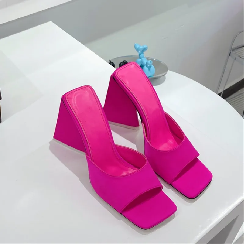 

Thick Block High Heels Mules Square Open Toes Slingback Slippers Slip One Dress Party Zapatillas Mujer Satin Comfy Slides