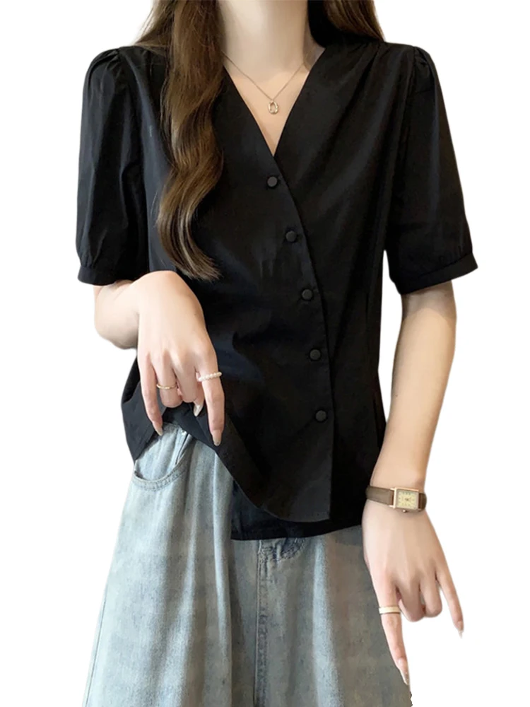 Plus Size Plus size women clothing Belly Covering Slim fit Slimming Diagonal Buckle Short sleeve Shirts Female Summer Fat Sis...