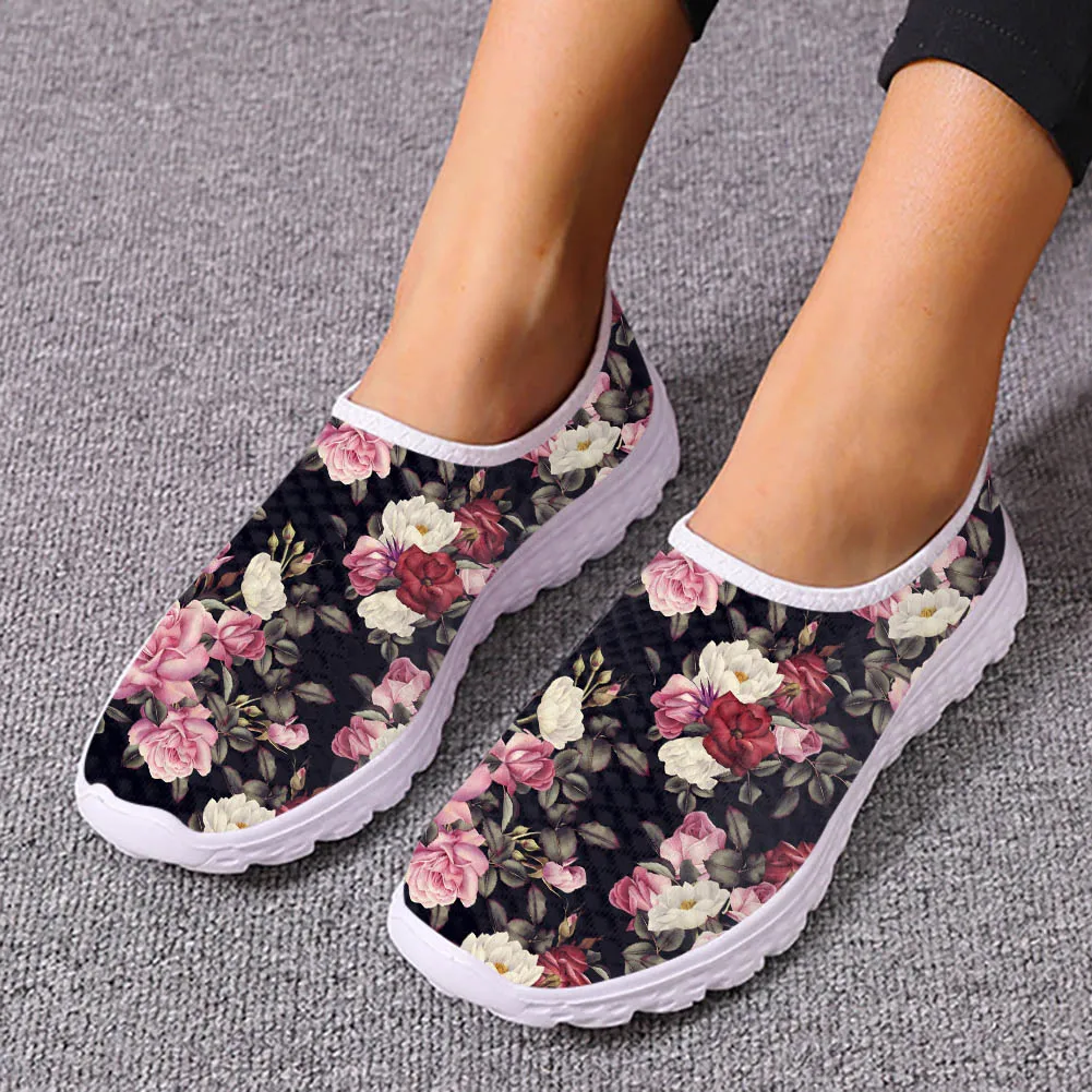 

New Rose Flowers Pattern Spring Autumn Women's Sneakers Causal Soft Ladies Flats Shoes Super Light Mesh Durable Female Loafers