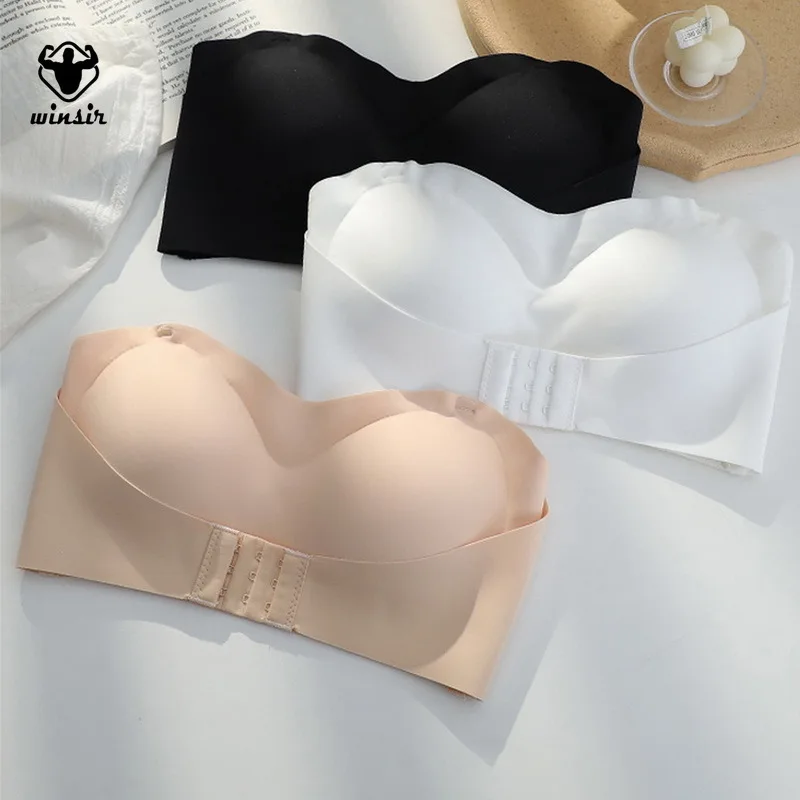 Women's Strapless Pushup Bras Buckle Lift Upwingsbra Wireless Non-Slip Seamless Invisible Front Hook Bandeau Underwear For Women