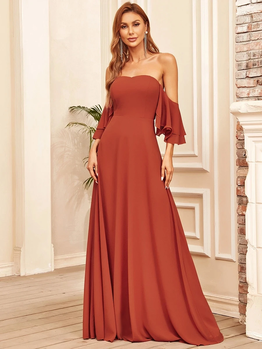 

Elegant Evening Dresses Long A Line Off Shoulders Tulip Sleeves Gown 2022 Ever Pretty of Chiffon Simple Bridesmaid Women Dress