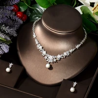 hibride sparkling cubic zirconia paved leaf flower wedding pearl necklace earrings costume jewelry sets for women party n 1466