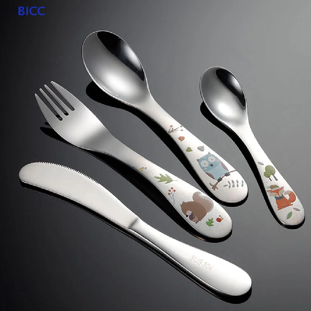 

1/4pcs Kids Cutlery Cartoon Pattern Carving Child Tableware Cute Spoon Fork Set CC Baby Spoon and Fork