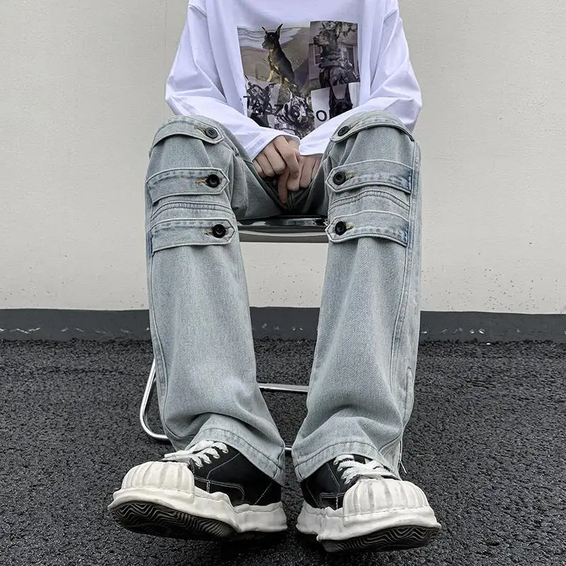 DEEPTOWN Button Straight Jeans Men Slim Casual Denim Pants Male Streetwear Hip Hop Trousers Zippers Punk Fashion Plus 5XL