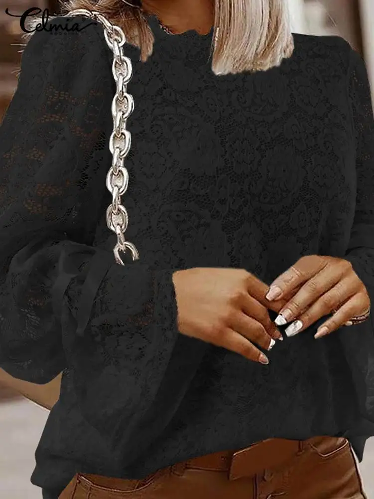 

Casual Loose Long Sleeve Blouse 2022 Summer Celmia Women Crochet Lace See-through Tops Elegant O Neck Hollow Out Solid Shirt