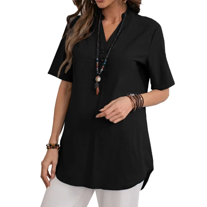 

Women Casual Short Sleeve Solid Color Loose Tunic Shirt Summer Split V-Neck Button Front Curved Hem Blouses Pullover Top N7YD
