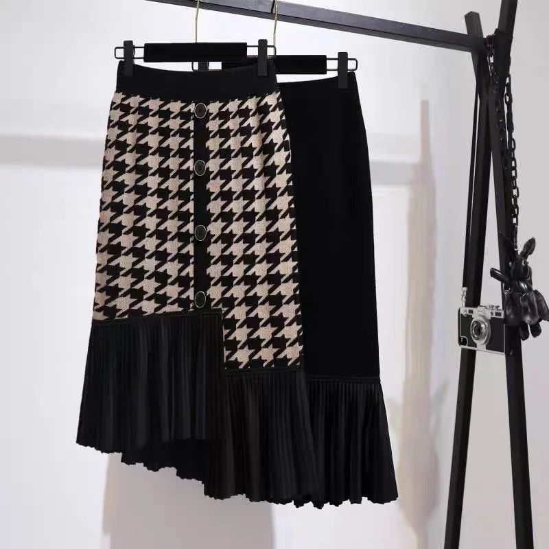 

Fashion Thousand Bird Knitted Skirt Women Irregular Patchwork Pleated High Waist Skirt Autumn Winter Thicken Female Skirts New