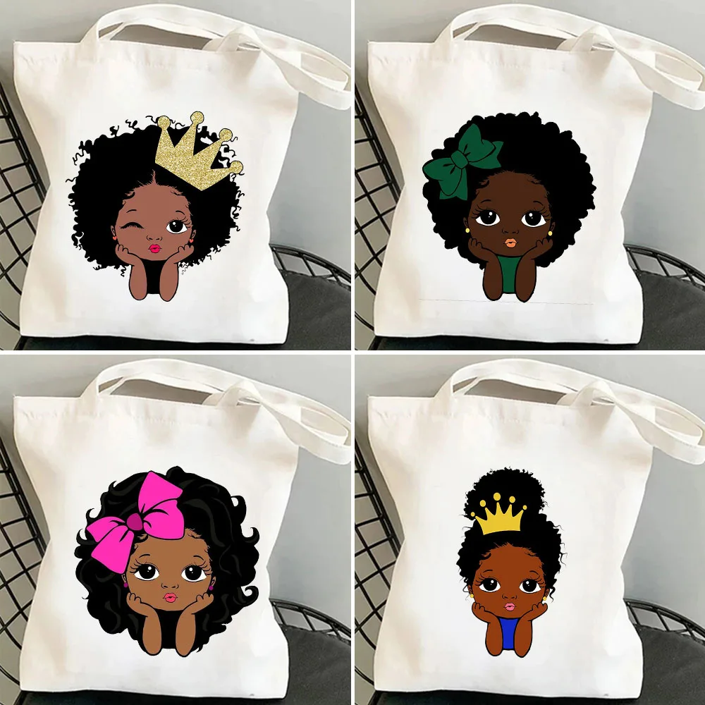 

African Princess Puffs Black Girl Cute Hairstyle With Crown Queen Cartoon Character Tote Women Canvas Shoulder Shopping Bag