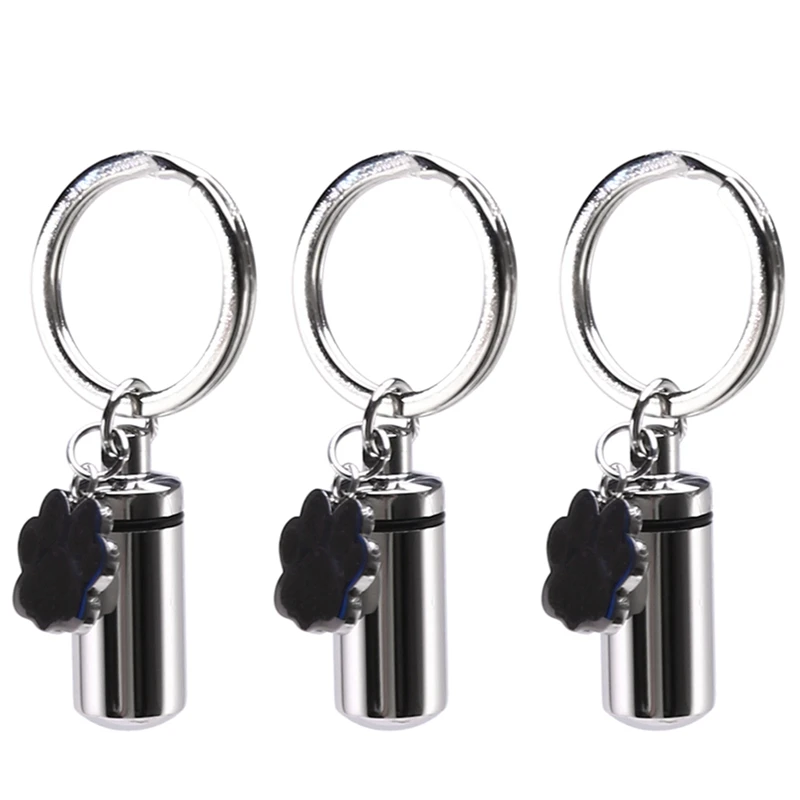 

3X Stainless Steel Pet Puppy Dog Charm Cylinder Keychain For Ashes Hair Memorial With Filler Kit And Bag