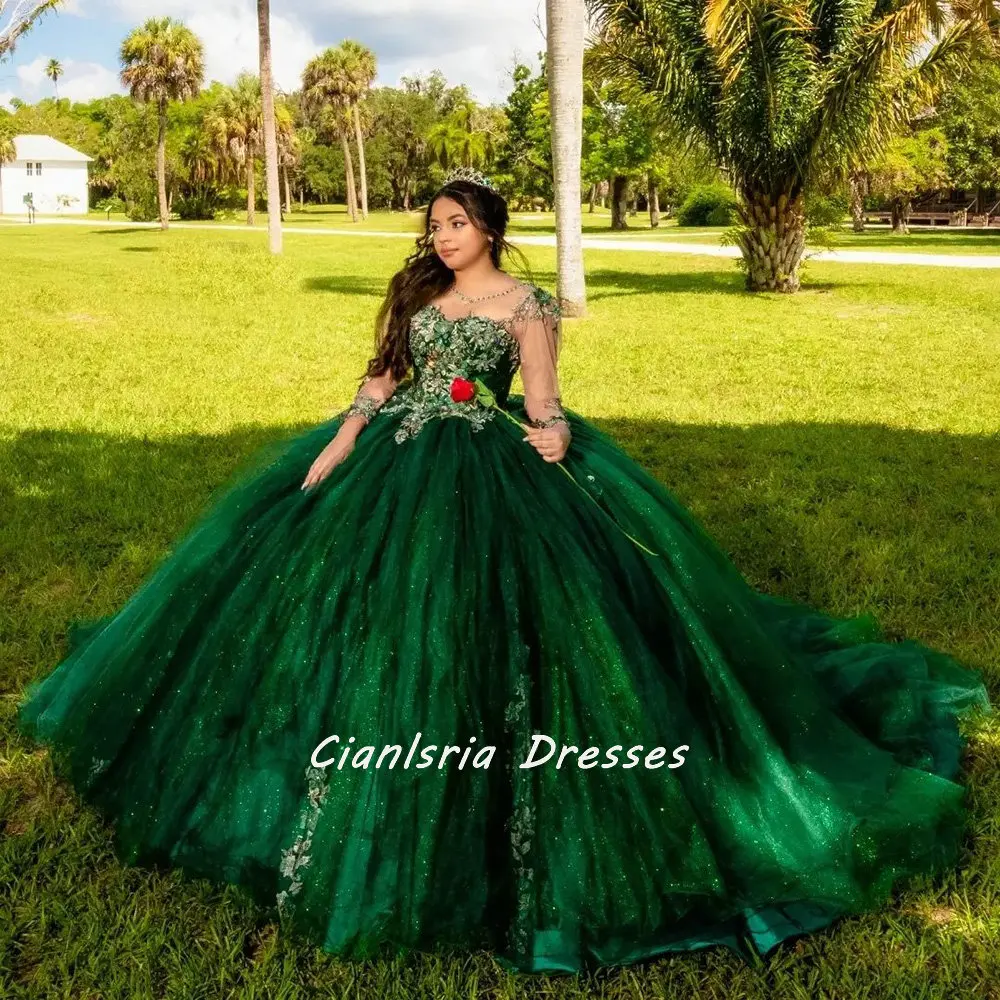 

Emerald Green Long Sleeve Crystal Quinceanera Dress 3D Floral Appliques Lace Princess Sweet 16 Ball Gown Vestidos De 15 Años