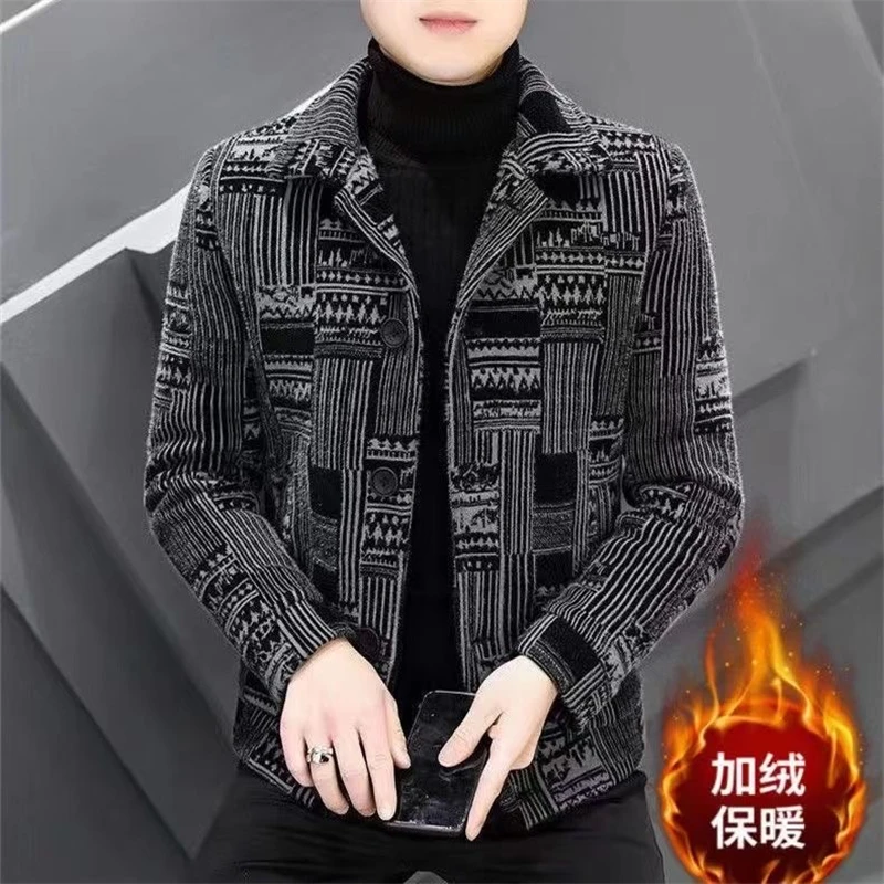Autumn and Winter New Fleece-lined Thickened Lapel Jacket Men's Korean Sle Trendy Slim fit Plaid Short Woolen Coat