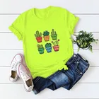 Футболка женская с круглым вырезом, модный топ из 100% хлопка с принтом кактуса, с коротким рукавом, флуоресцентный зеленый, на лето