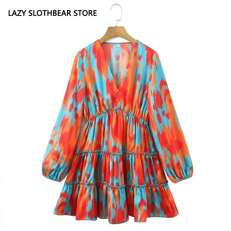 

Повседневное весеннее платье с V-образным вырезом и рукавами-фонариками, лоскутное мини-платье выше колена для вечерние Ринок, женское пляж...