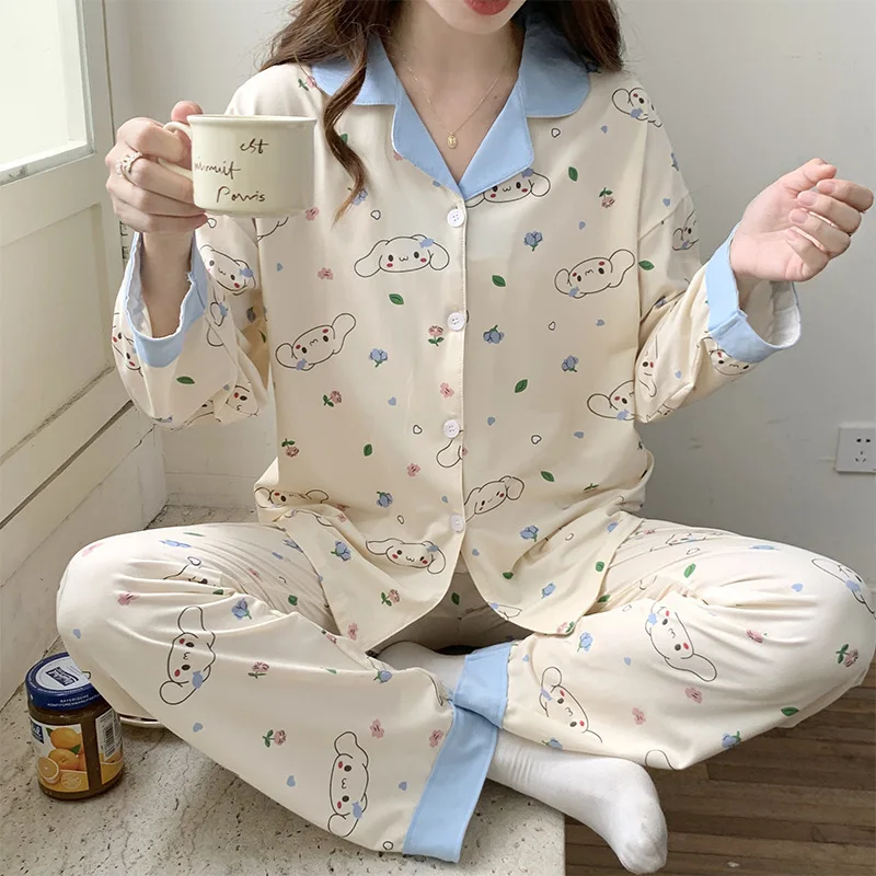 

Anime Sanrio Nightwear Cinnamoroll Accessories Cute Kawaii Cotton Long Sleeve Cardigan Loose Loungewear Set Toys for Girls Gift