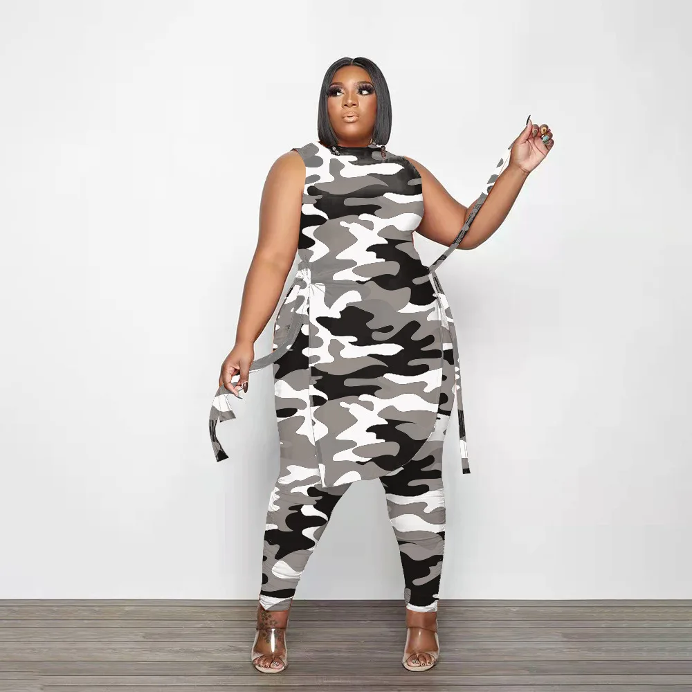 Plus Size Women Long Shirt And Pants Fashion Two Piece Sets Sleeveless Crop Top Camo Print Tracksuit Sexy Female Wholesale