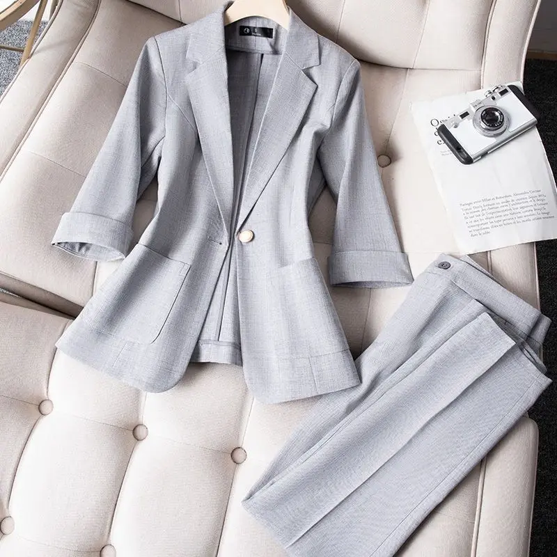 

Женский деловой костюм, элегантный однотонный костюм из двух предметов, куртка и брюки, E302, весна-лето 2023