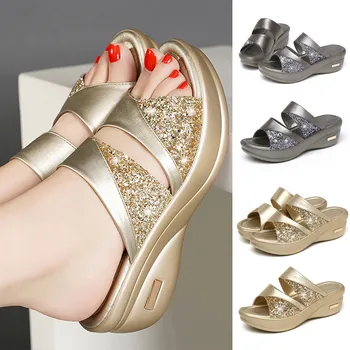 Casual Sandals Wedges Solid Bling Shoes Women Fashion Platform Summer Open Toe Wide Width Soft Bottom High Heels Ladies Sandals 1