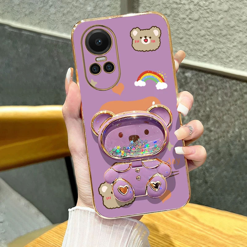 R eno 10 Shining Bear Plating Holder Phone Case For OPPO Reno 7 8Pro 10Pro 8 8T 11 K12 12 K11 9 9Pro 9ProPlus K12X Cover