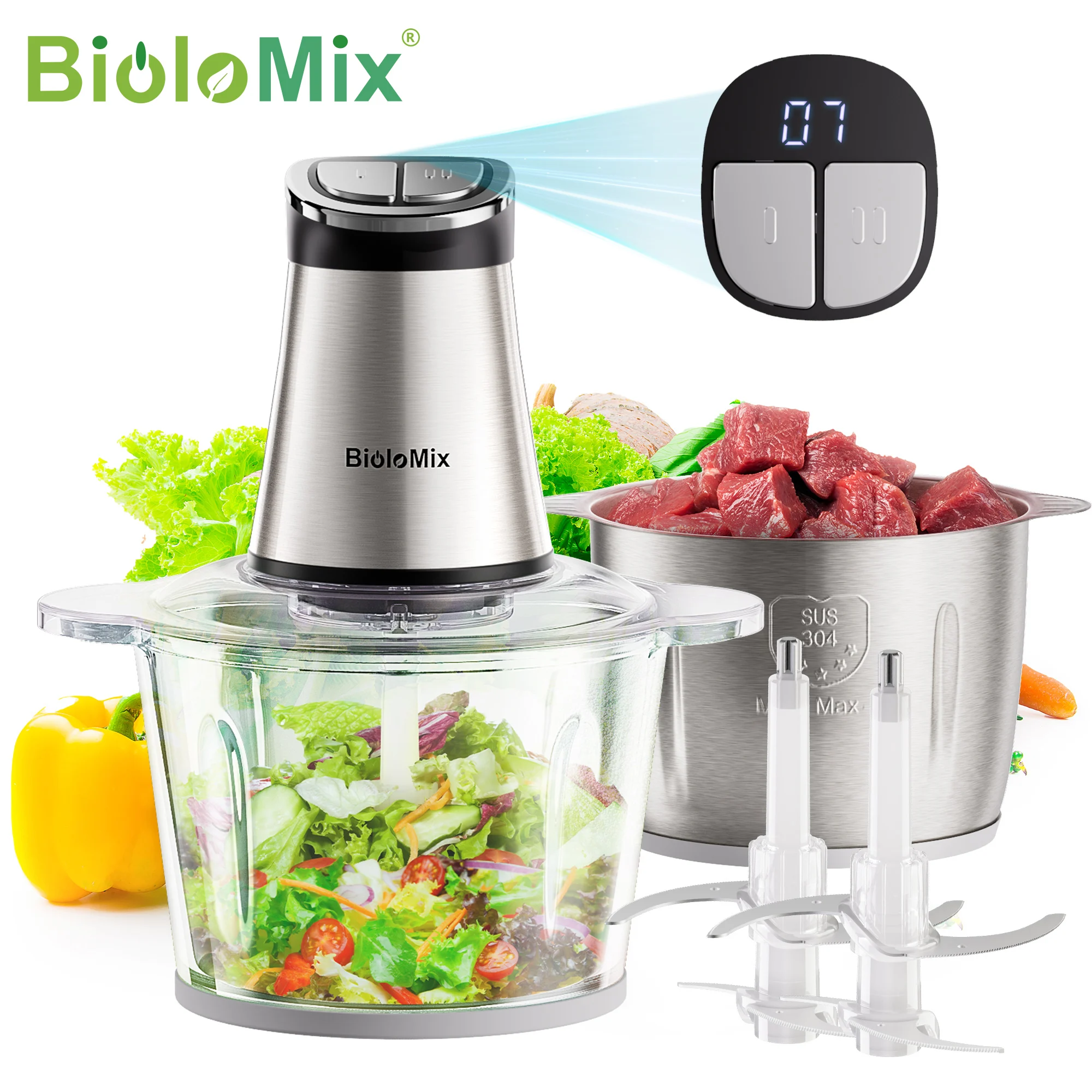 Фото Мини-электрический измельчитель BioloMix мощностью 300 Вт с 2 чашами и 4 двухуровневыми лезвиями для обработки детского питания, лука №5