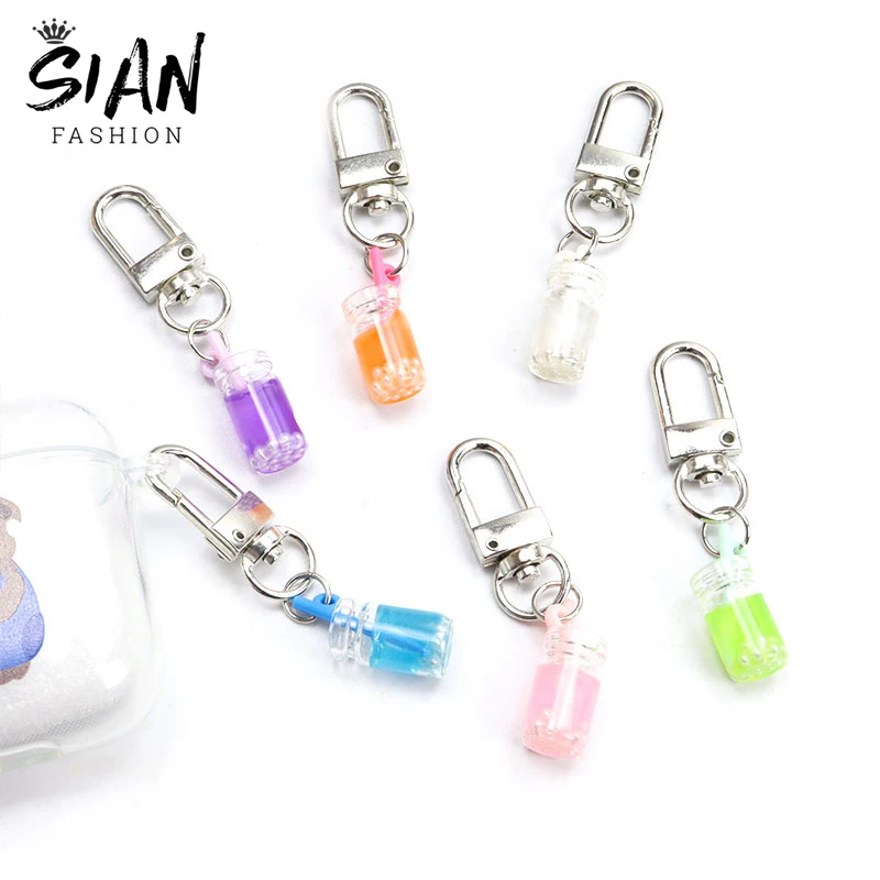 

Glass Bubble Tea Cup Earphone Case Pendant Keychains Holder Candy Color Simulation Food Pendant Keyrings Headphone Box Jewelry