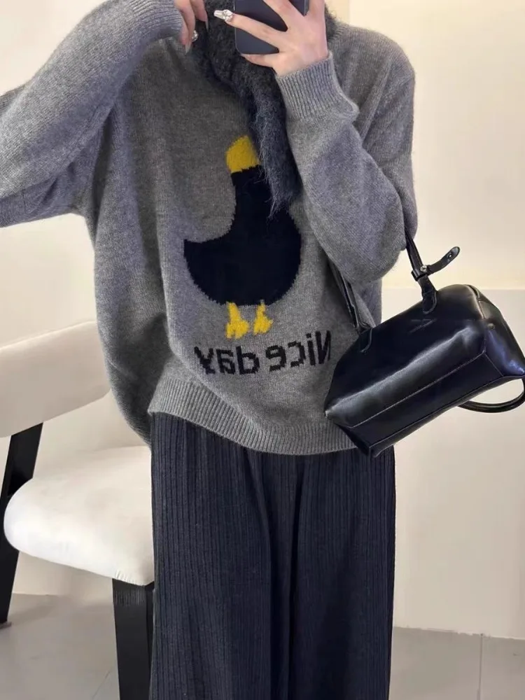 Ezgaga вязаный свитер пуловер женский с рисунком утки буквенным принтом и круглым