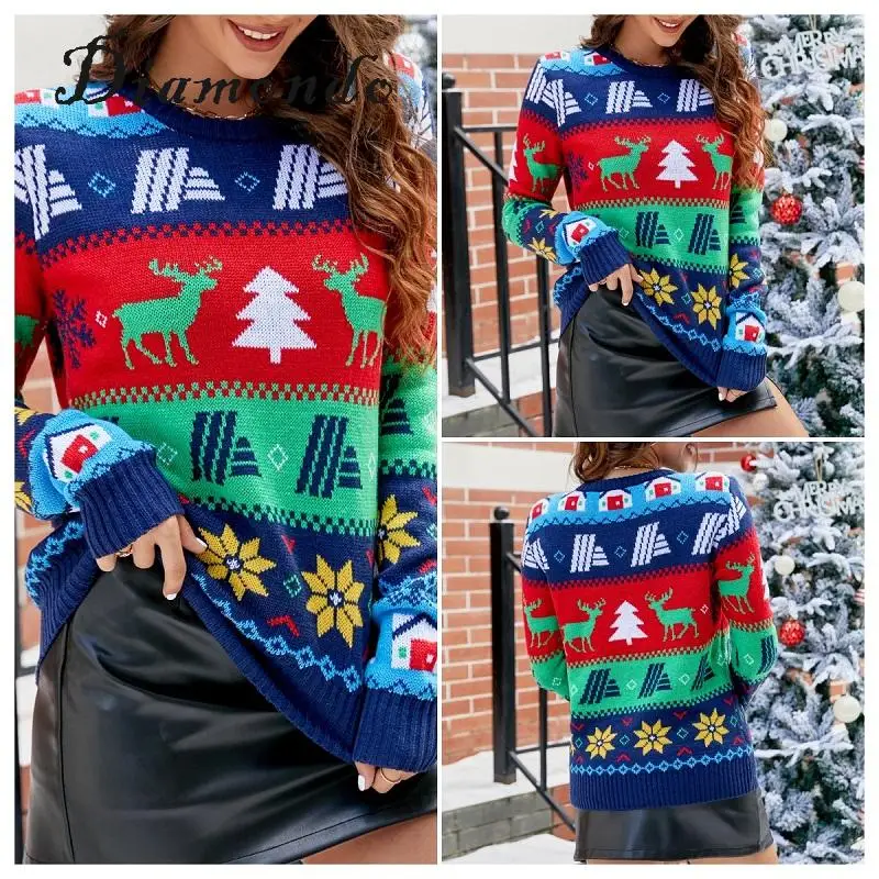 

Women Crew Neck Jumper Elk Tree Printed Christmas Loose Cute Sweater Ugly Knit Comfy Funny Cozy Xmas Snowflake Sweater