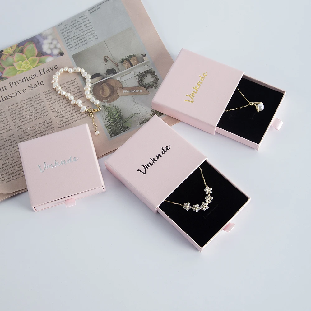 50pcs Pink Custom Logo Luxury Jewellery Case Drawer Sliding Gift  Earrings Necklace Organizer Packaging Box with Black Foam