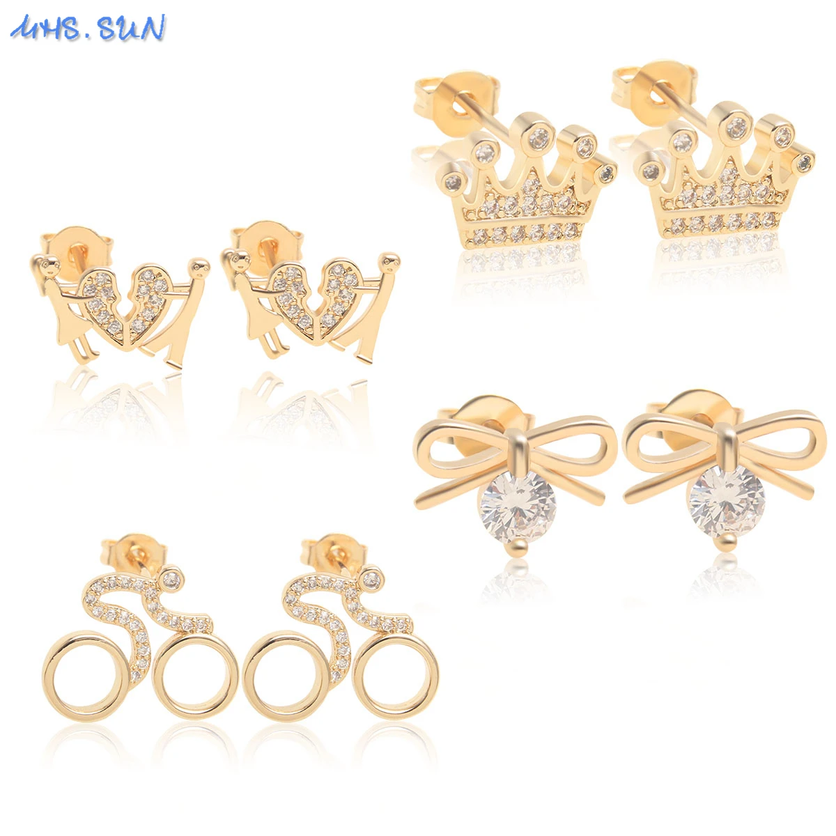 

MHS.SUN Fashion Gold Plated Stud Earrings Crown/Love Heart/Butterfly Shape AAA CZ For Women Hip Hop Lucky Jewelry Charm Party
