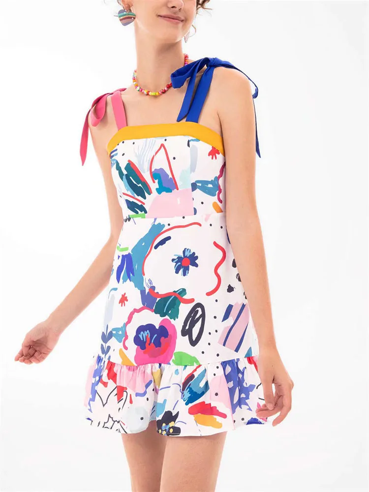 

ZATRHMBM Female clothing New Fashion printing mini skirt sleeveless Contrasting colors suspenders chic and elegant woman dress