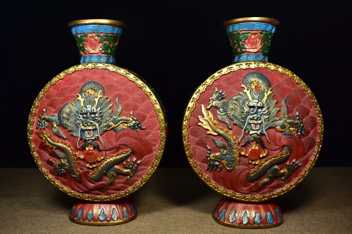 

14" Chinese Folk Collection Old lacquerware pick red draw color dragon pattern vase a pair office ornament Town house Exorcism