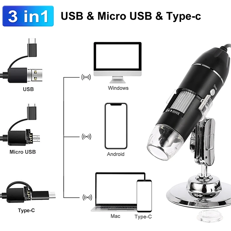 Цифровой микроскоп 3 в 1 электронный с светодиодный емом USB Type-C и LED HD лупой 50-1600