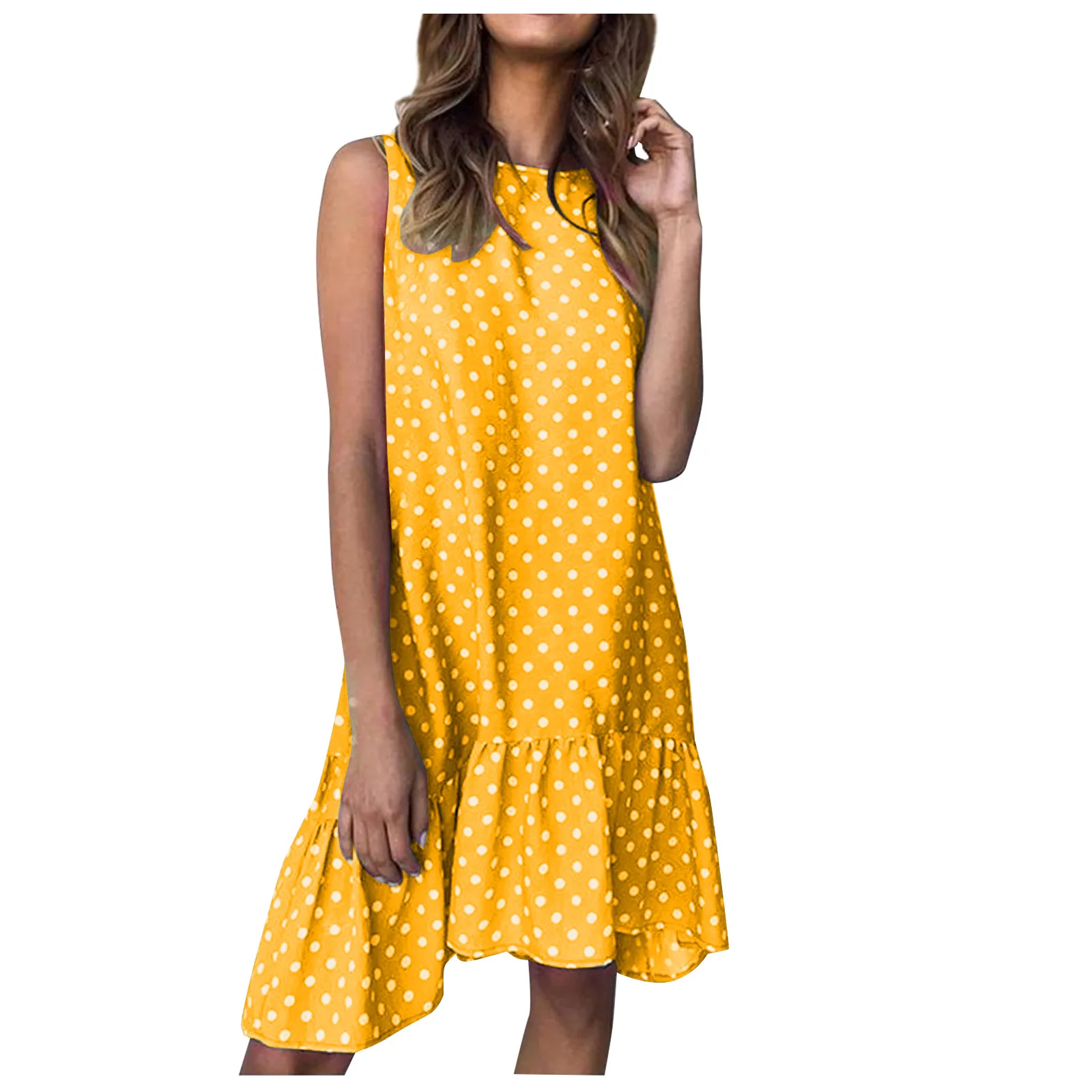 

Lolita Dress Dot Print O Neck Chic Point Sleeveless Loose Cottagecore Dress Ruffle Stitching A Line Dress Robe Femme Été