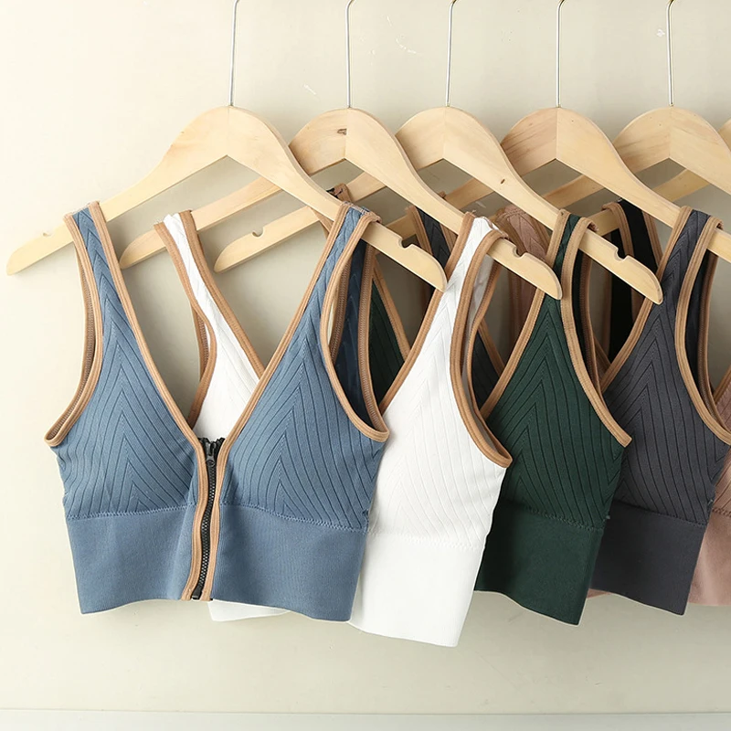 

Women Zipper Sports Bra Gym Workout Underwear Push Up Yoga Crop Top Solid Athletic Vest Fitness Shirt Sportswear