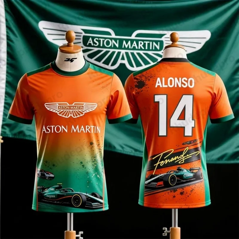 Фото Футболка с короткими рукавами Aston Martin Fernando Alonso 14 Racing Theme, повседневный дышащий топ с круглым вырезом для любителей гонок №3