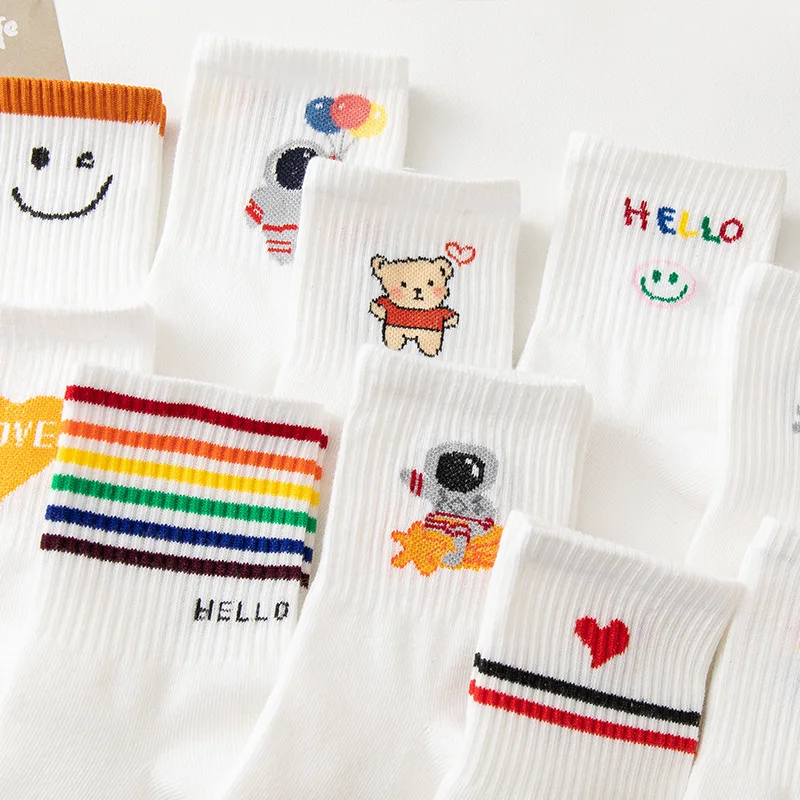 10 Pairs Socks Medium Tube Socks Spring and Summer Thin Ins Fashion Cute Japanese Cotton Breathable Smiling Face Cartoon Socks