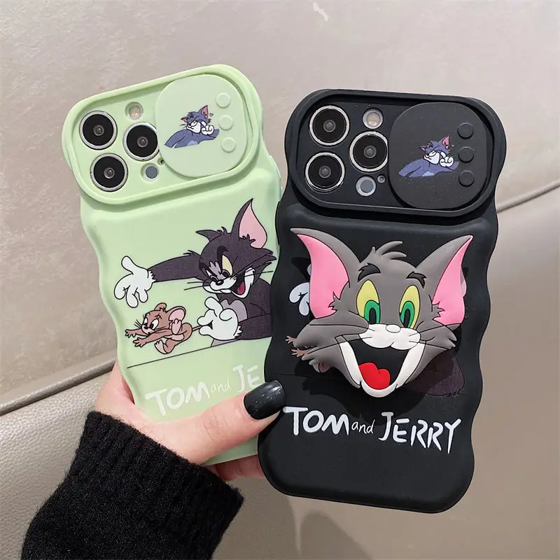 

Ccartoon jerries Mouse Cat T-tom Window Push With Holder Phone Case For iPhone 14 Plus 13 12 11 Pro Max Camera Protection Cover