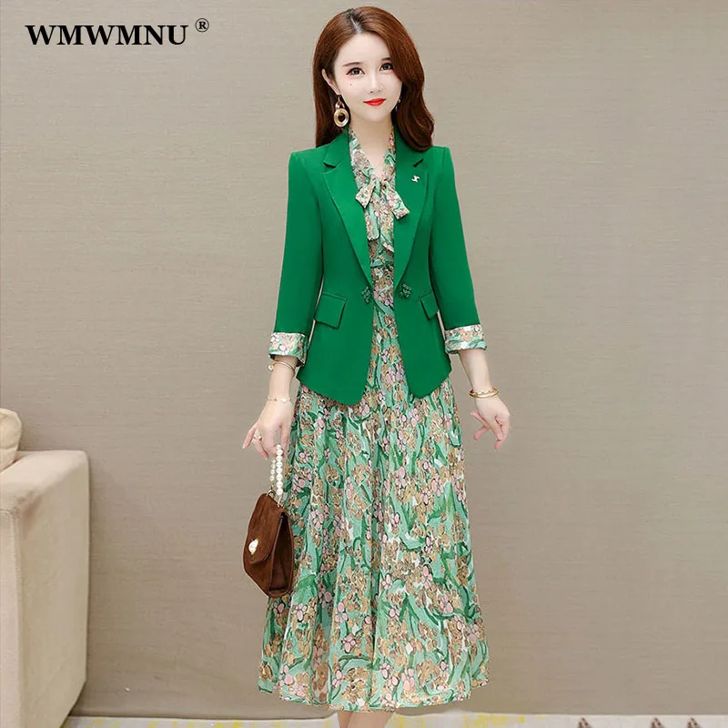 

Elegant Floral Dress Suits Women 2 Piece Set Office Lady Korean Thin Unlined Blazer And Sleeveless Print Dresses Casual Outfits