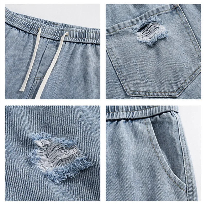 Summer New Ripped Jean Short Oversize Baggy Casual Five-Point Pants Ventilation Y2K Trendy Pop Clothes for Street Men's Clothing